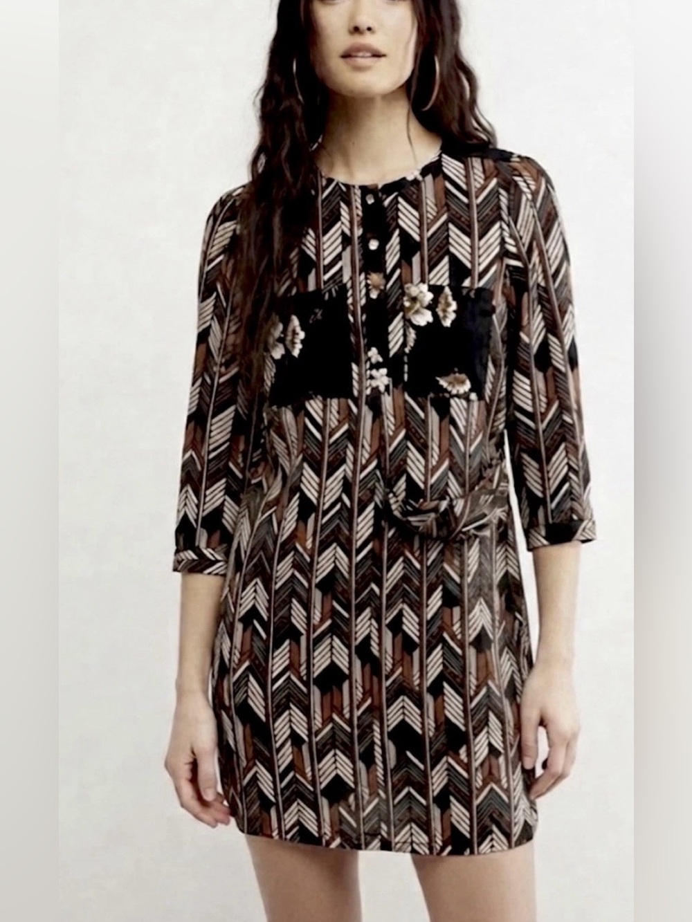 FIG & FLOWER SHIRT DRESS L GEORGETTE 3/4 SLV POCKETS MAXIMALIST BOLD STATEMENT